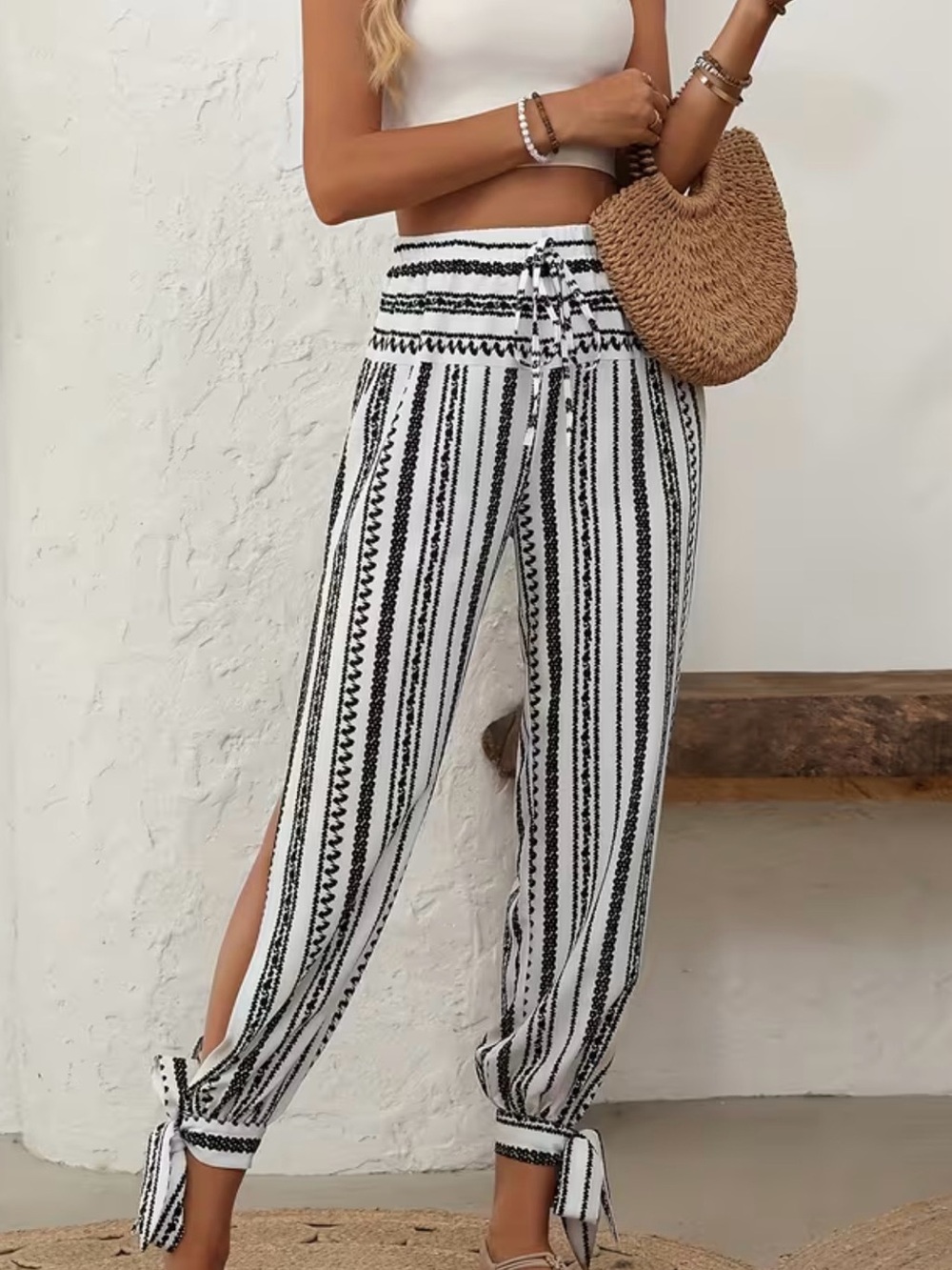 Geometric print side slit ankle tie pants